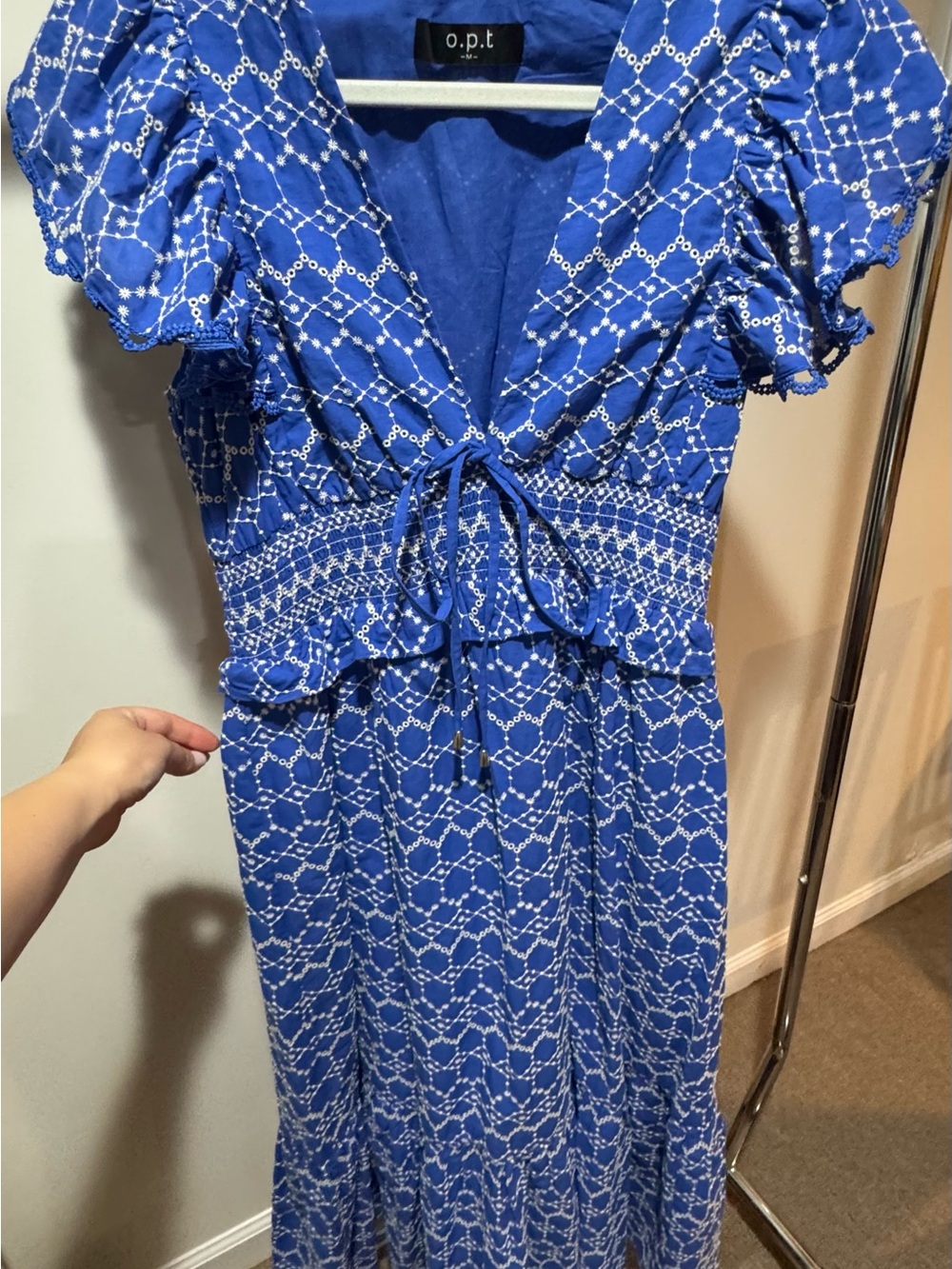 O.p.t (Anthropologie brand) Blue and white Printed Puff-Sleeve Maxi Dress